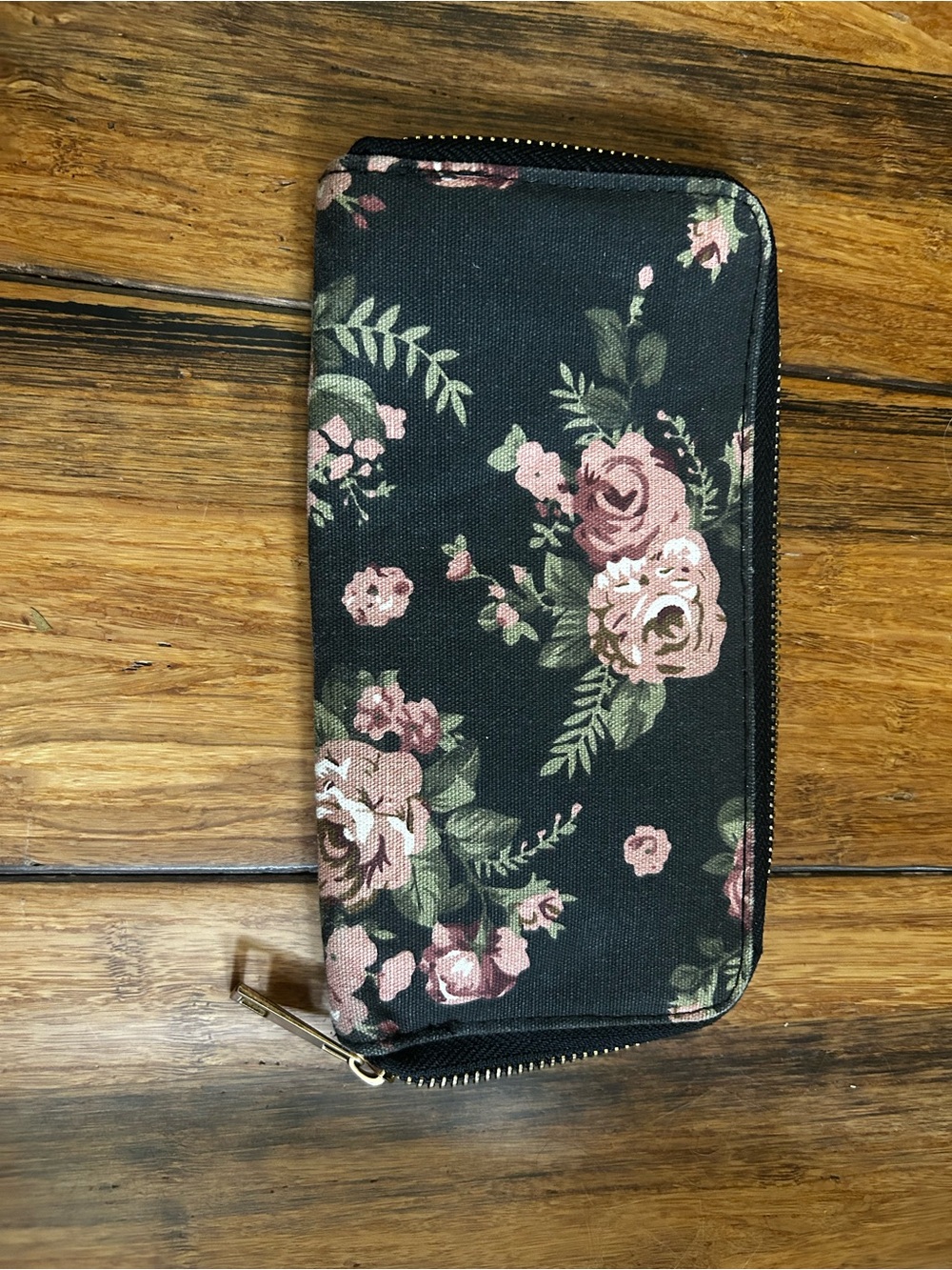 Floral Zip-Around Wallet in Black with Pink Roses